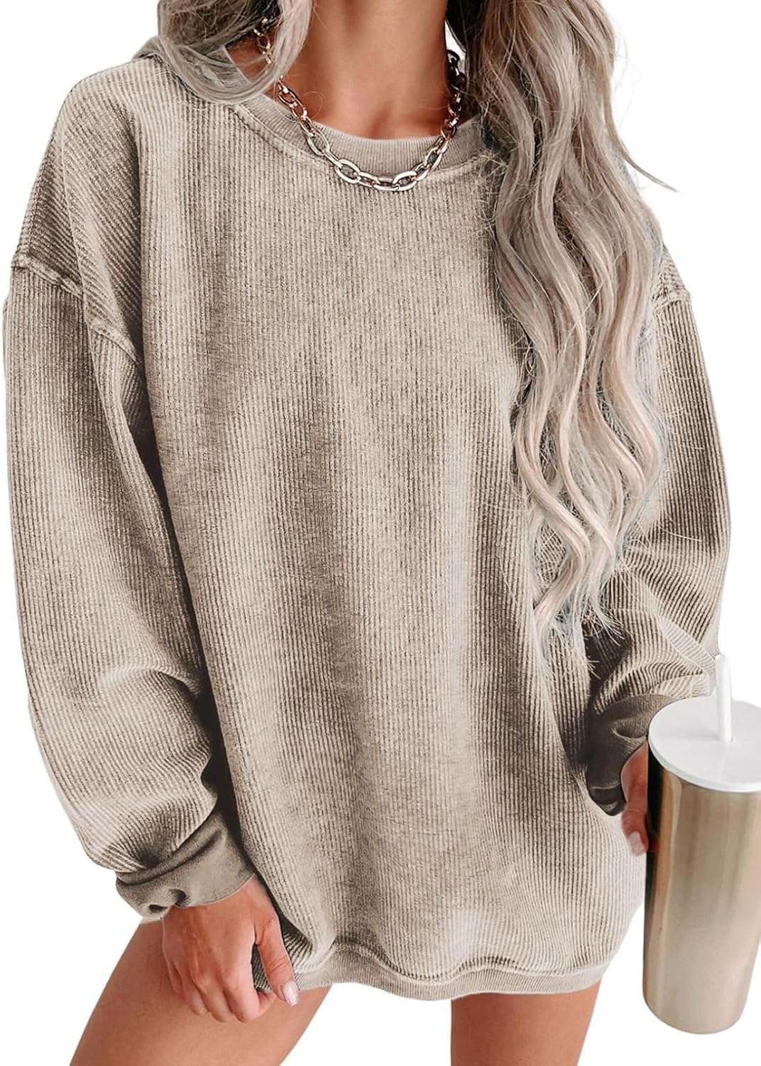 Women Oversized Sweatshirt Fall Pullover Top. Khaki. Size S | Casual. Tibbed. Hoodies. Clothes. Clothing. Loose Fit. Corduroy. Long Sleeve. Trendy. Crewneck.