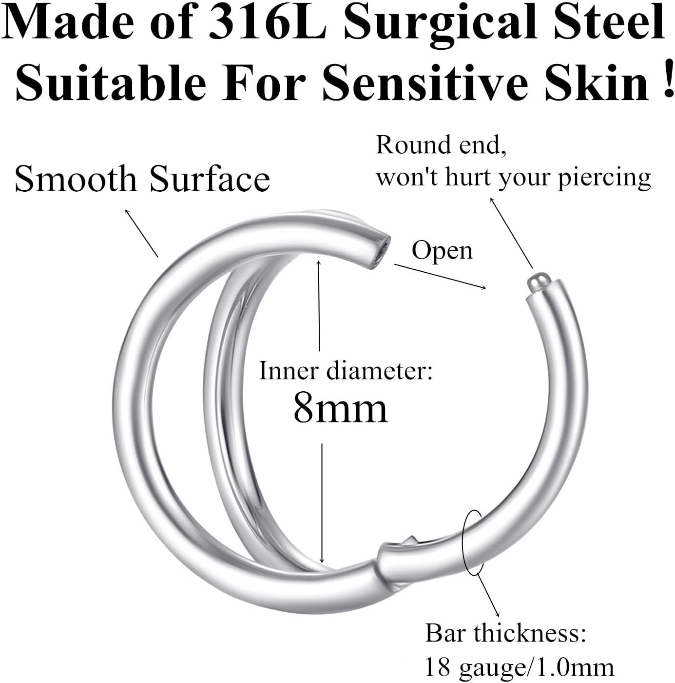 Double Hoop Nose Ring. 18G 8mm. 316L Surgical Steel. Unisex. Silver