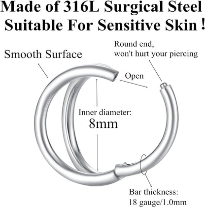 Double Hoop Nose Ring. 18G 8mm. 316L Surgical Steel. Unisex. Silver