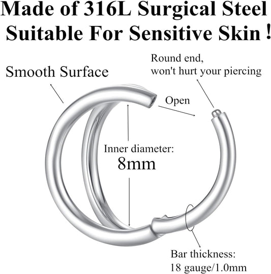 Double Hoop Nose Ring. 18G 8mm. 316L Surgical Steel. Unisex. Silver