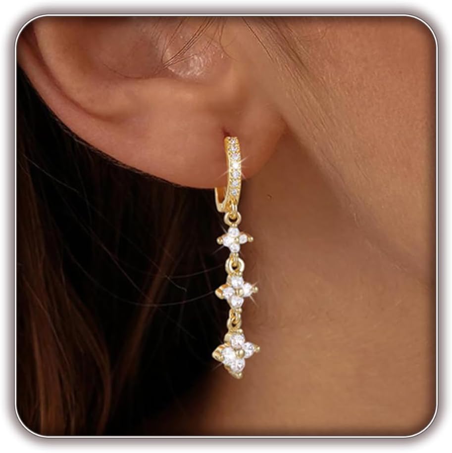 Women Silver Gold Dainty CZ Drop Earring | Trendy Small Long Dangling Wedding Bridesmaid Jewelry. Gold /Silver Plated Cubic Zirconia Cute Earring Hoop