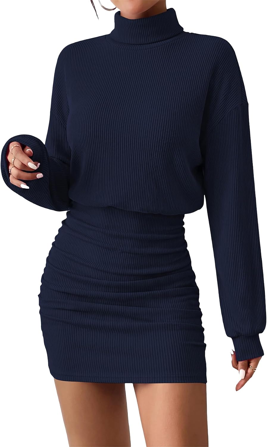 Dropped shoulders. cuffed balloon sleeves and a ruched skirt for date nights.