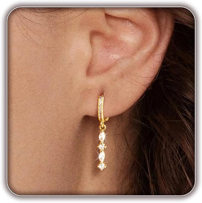 Women Silver Gold Dainty CZ Drop Earring | Trendy Small Long Dangling Wedding Bridesmaid Jewelry. Gold /Silver Plated Cubic Zirconia Cute Earring Hoop