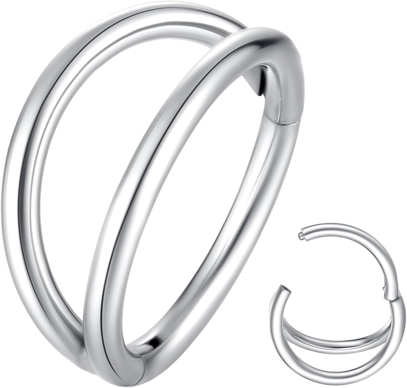 Double Hoop Nose Ring. 18G 8mm. 316L Surgical Steel. Unisex. Silver