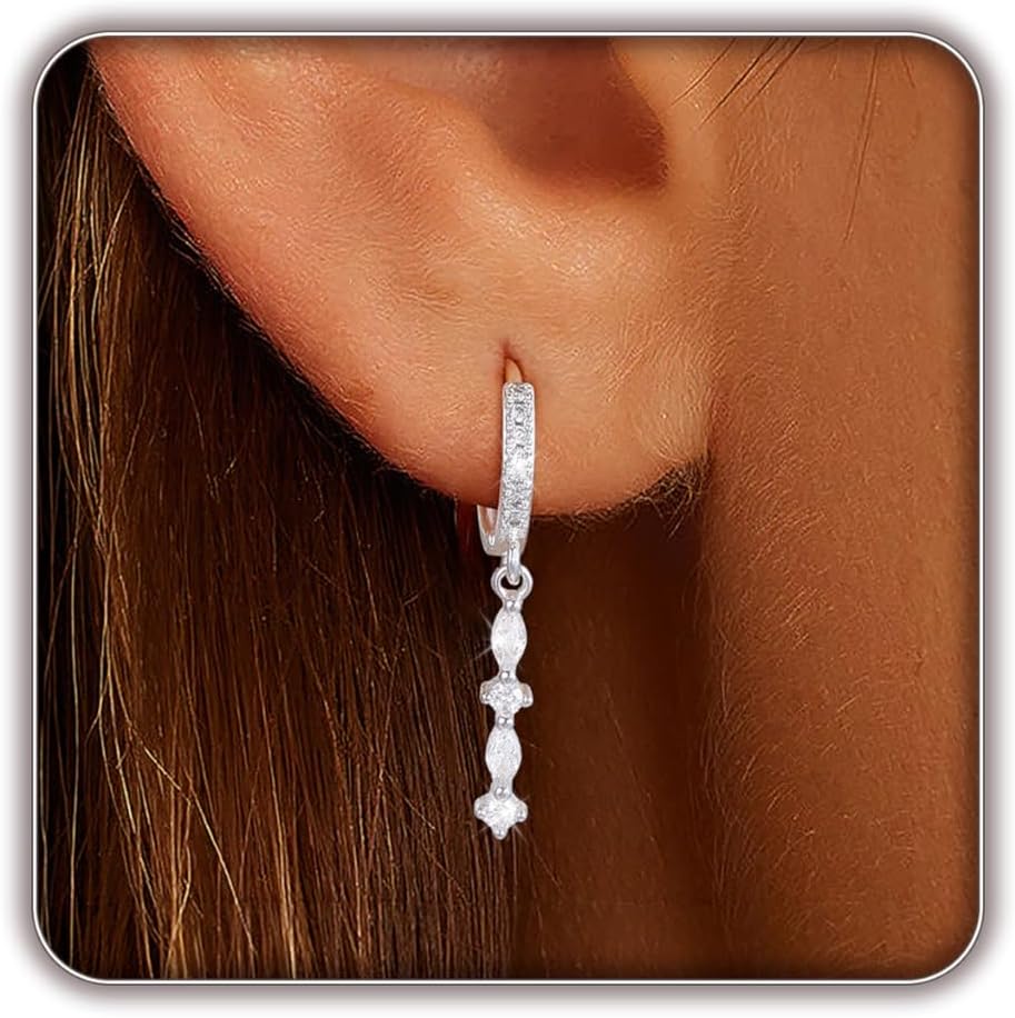 Women Silver Gold Dainty CZ Drop Earring | Trendy Small Long Dangling Wedding Bridesmaid Jewelry. Gold /Silver Plated Cubic Zirconia Cute Earring Hoop