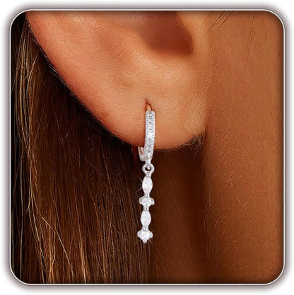 Women Silver Gold Dainty CZ Drop Earring | Trendy Small Long Dangling Wedding Bridesmaid Jewelry. Gold /Silver Plated Cubic Zirconia Cute Earring Hoop