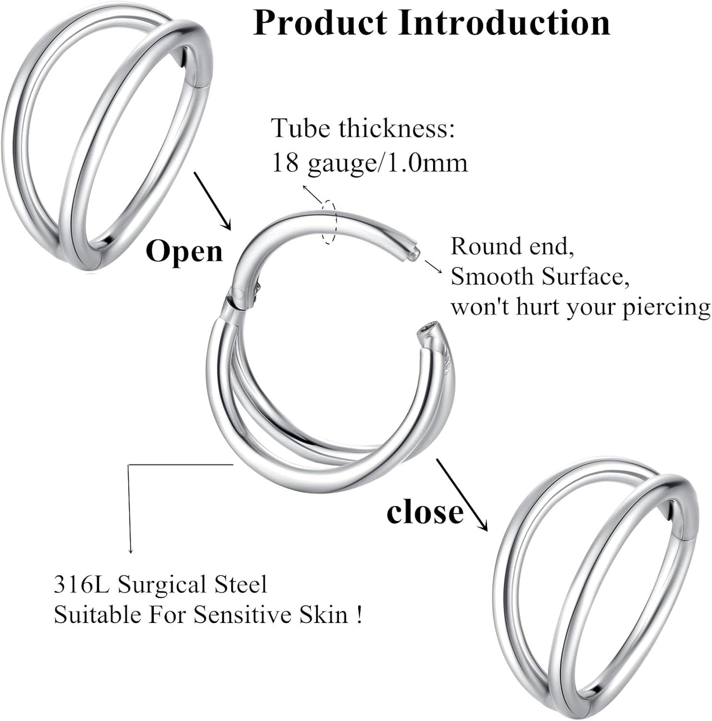 Double Hoop Nose Ring. 18G 8mm. 316L Surgical Steel. Unisex. Silver