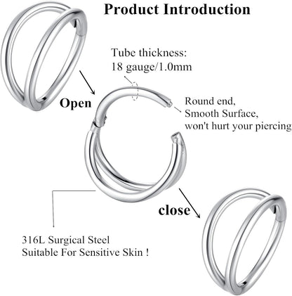 Double Hoop Nose Ring. 18G 8mm. 316L Surgical Steel. Unisex. Silver