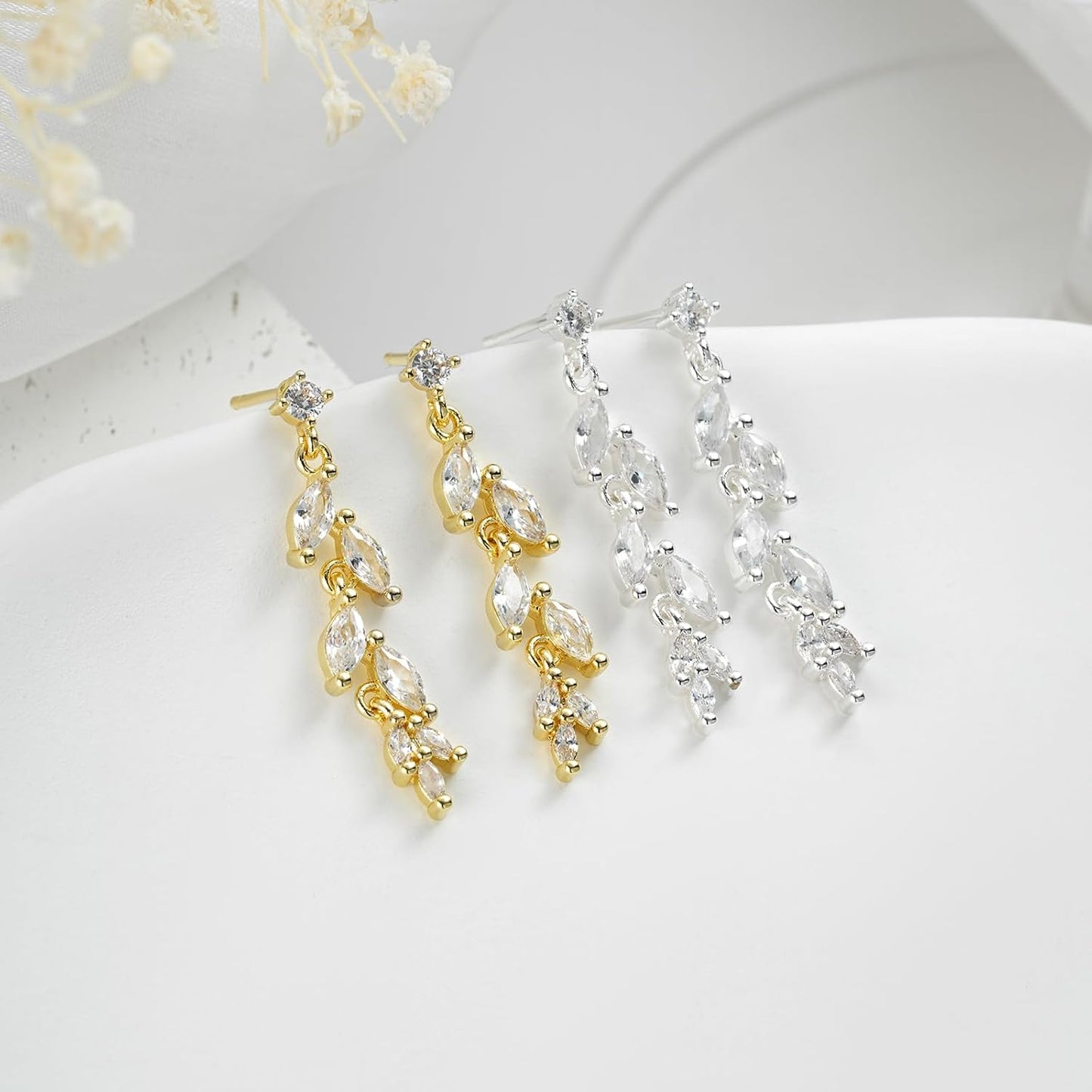 Women Silver Gold Dainty CZ Drop Earring | Trendy Small Long Dangling Wedding Bridesmaid Jewelry. Gold /Silver Plated Cubic Zirconia Cute Earring Hoop