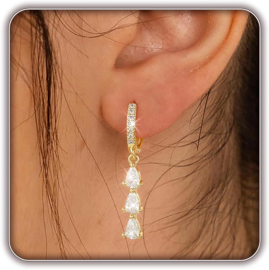 Women Silver Gold Dainty CZ Drop Earring | Trendy Small Long Dangling Wedding Bridesmaid Jewelry. Gold /Silver Plated Cubic Zirconia Cute Earring Hoop
