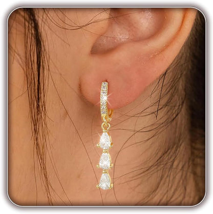 Women Silver Gold Dainty CZ Drop Earring | Trendy Small Long Dangling Wedding Bridesmaid Jewelry. Gold /Silver Plated Cubic Zirconia Cute Earring Hoop