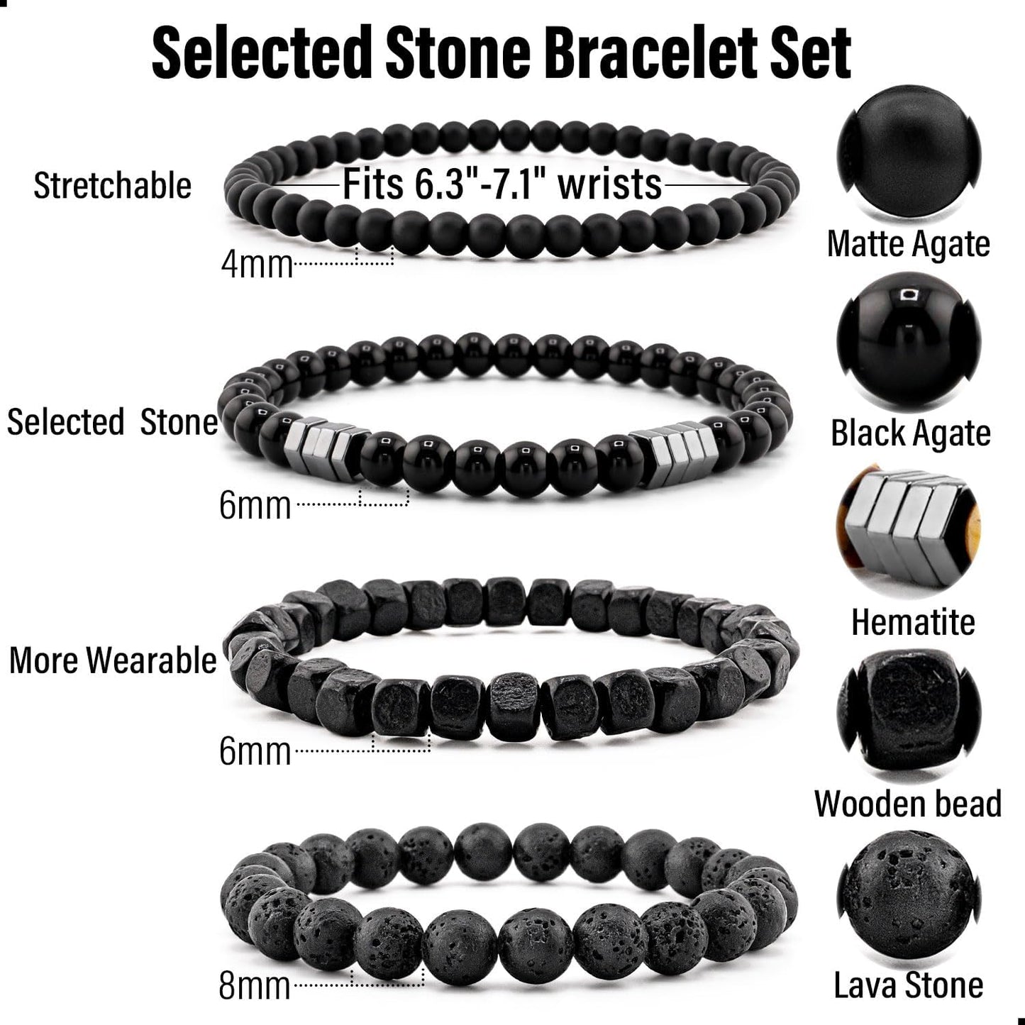 Jewelry Multi-Layer Bracelet Set Casual Wear Black Beaded Bracelets for Men with Natural Stone. Lava Rock. Onyx. Hematite. Tiger's Eye