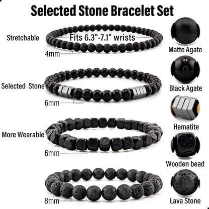 Jewelry Multi-Layer Bracelet Set Casual Wear Black Beaded Bracelets for Men with Natural Stone. Lava Rock. Onyx. Hematite. Tiger's Eye