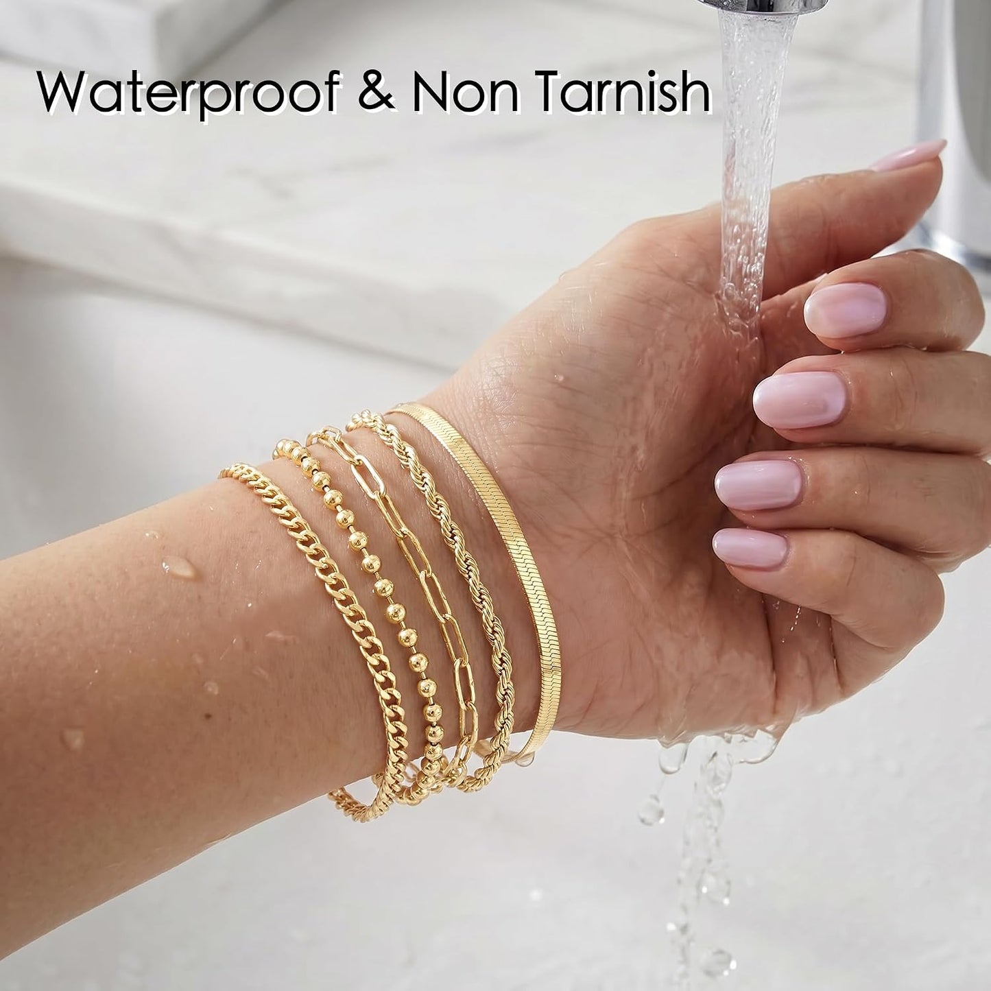 Women Waterproof. Non Tarnish Trendy Dainty Minimalist Stackable Jewelry Sets. Herringbone Cuban Paperclip Rope Bead Link Chain Stack Pack.