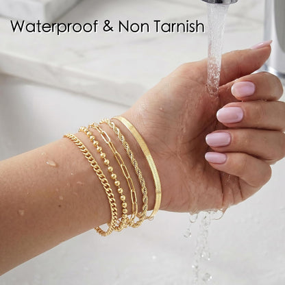 Women Waterproof. Non Tarnish Trendy Dainty Minimalist Stackable Jewelry Sets. Herringbone Cuban Paperclip Rope Bead Link Chain Stack Pack.