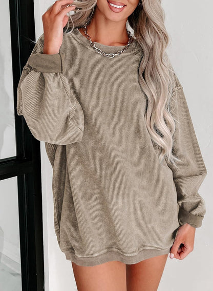 Women Oversized Sweatshirt Fall Pullover Top. Khaki. Size S | Casual. Tibbed. Hoodies. Clothes. Clothing. Loose Fit. Corduroy. Long Sleeve. Trendy. Crewneck.