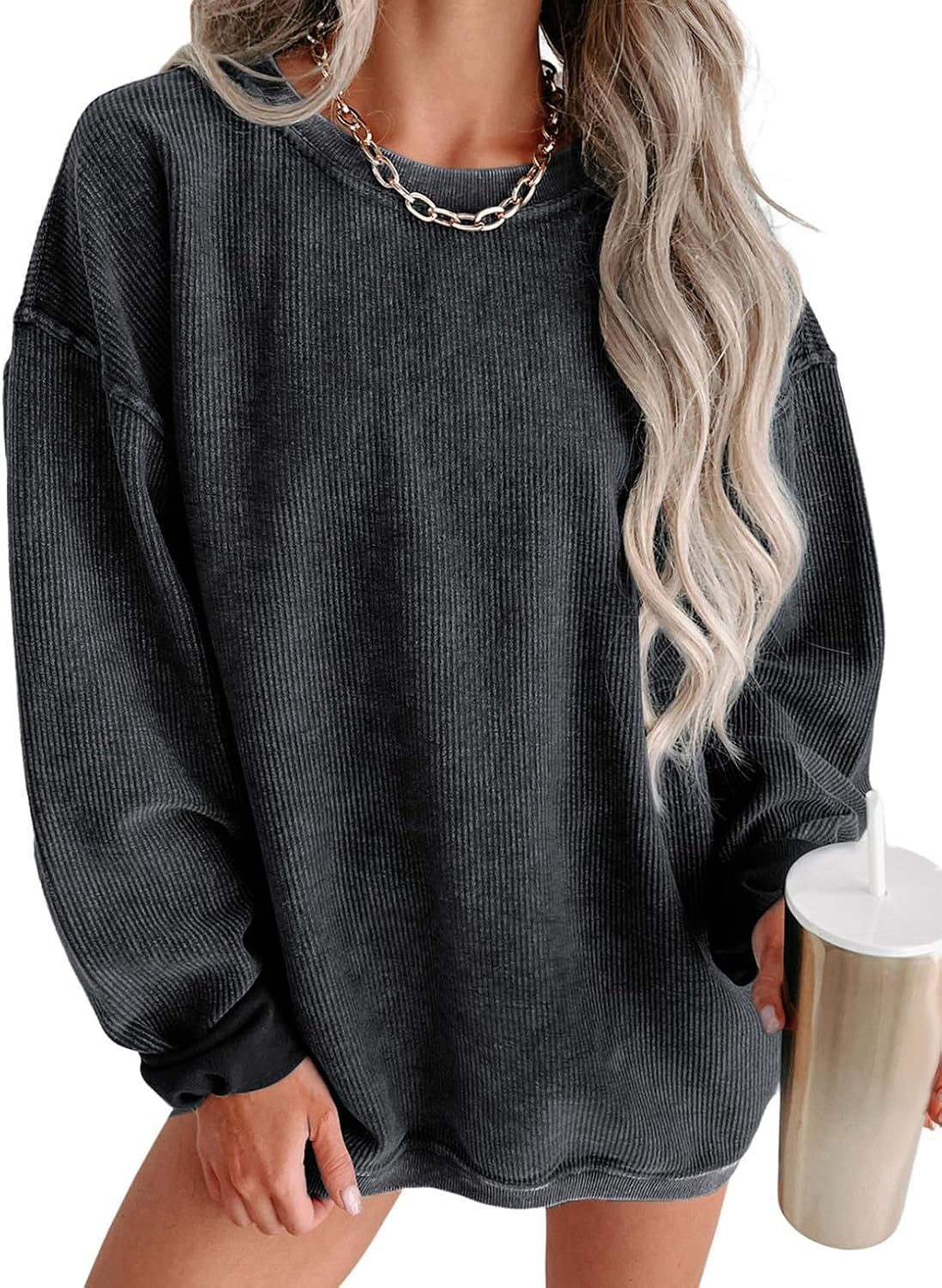 Women Oversized Sweatshirt Fall Pullover Top. Khaki. Size S | Casual. Tibbed. Hoodies. Clothes. Clothing. Loose Fit. Corduroy. Long Sleeve. Trendy. Crewneck.
