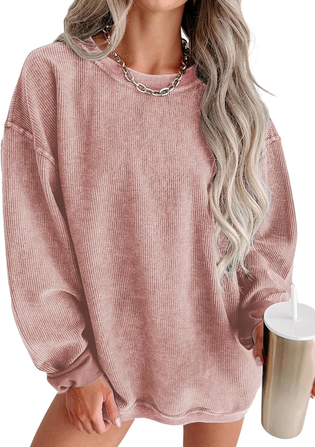 Women Oversized Sweatshirt Fall Pullover Top. Khaki. Size S | Casual. Tibbed. Hoodies. Clothes. Clothing. Loose Fit. Corduroy. Long Sleeve. Trendy. Crewneck.