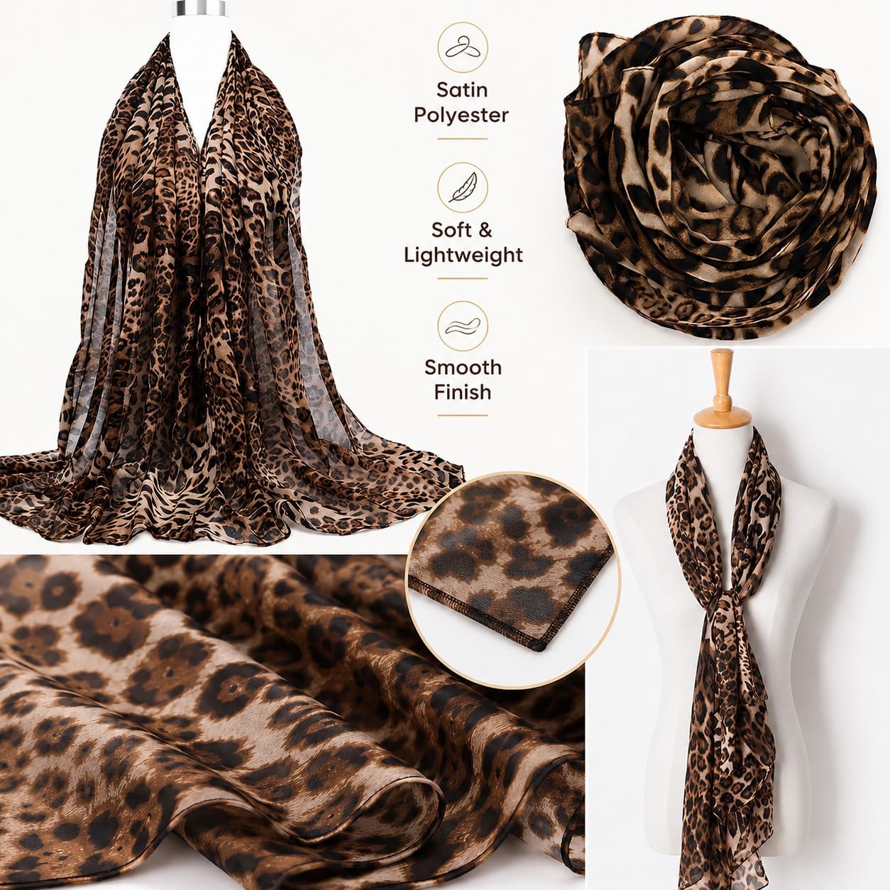 Women Leopard Print Silk Feel Neck Scarf Bandana Shawl Rave Scarves | Cheetah Print Silk Feel Neck Scarf Bandana Shawl Chiffon Satin Lightweight Soft Scarves for