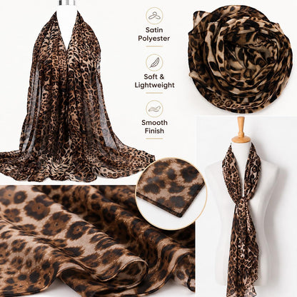 Women Leopard Print Silk Feel Neck Scarf Bandana Shawl Rave Scarves | Cheetah Print Silk Feel Neck Scarf Bandana Shawl Chiffon Satin Lightweight Soft Scarves for