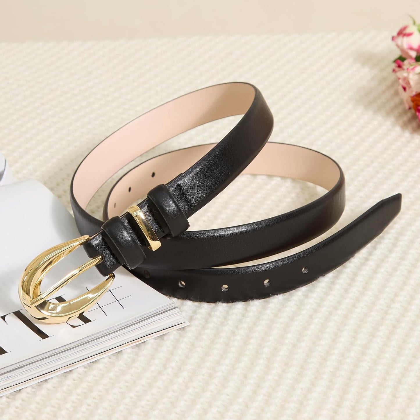 Women Belts for Jeans Dresses Pants Fashion Ladies Skinny Leather Waist Belt with Gold Buckle