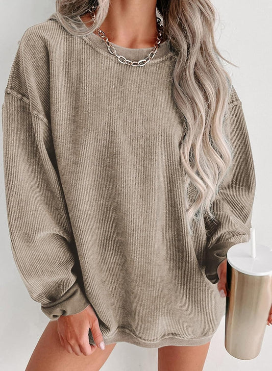 Women Oversized Sweatshirt Fall Pullover Top. Khaki. Size S | Casual. Tibbed. Hoodies. Clothes. Clothing. Loose Fit. Corduroy. Long Sleeve. Trendy. Crewneck.