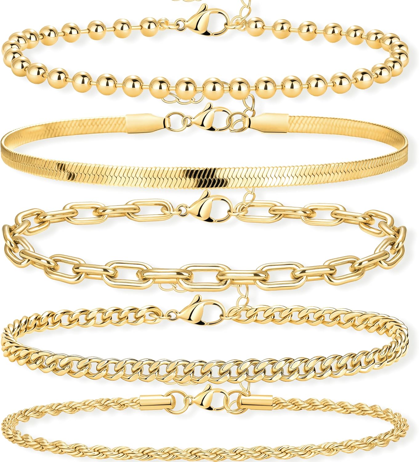 Women Waterproof. Non Tarnish Trendy Dainty Minimalist Stackable Jewelry Sets. Herringbone Cuban Paperclip Rope Bead Link Chain Stack Pack.