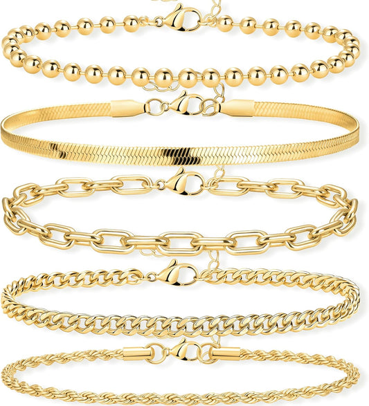 Women Waterproof. Non Tarnish Trendy Dainty Minimalist Stackable Jewelry Sets. Herringbone Cuban Paperclip Rope Bead Link Chain Stack Pack.