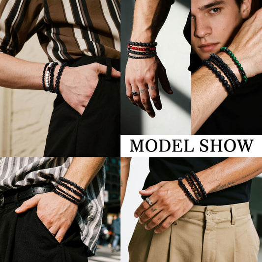 Jewelry Multi-Layer Bracelet Set Casual Wear Black Beaded Bracelets for Men with Natural Stone. Lava Rock. Onyx. Hematite. Tiger's Eye