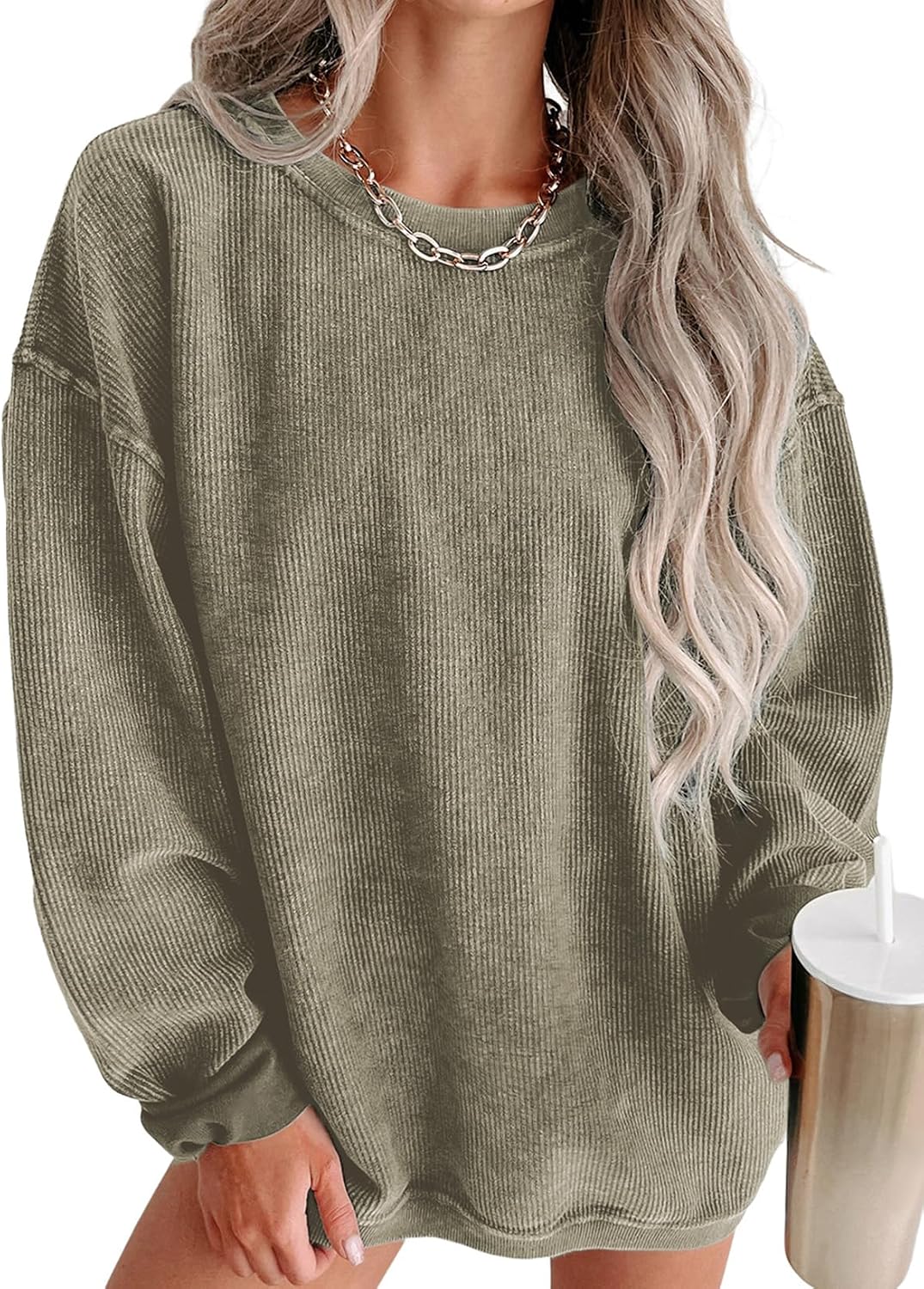 Women Oversized Sweatshirt Fall Pullover Top. Khaki. Size S | Casual. Tibbed. Hoodies. Clothes. Clothing. Loose Fit. Corduroy. Long Sleeve. Trendy. Crewneck.