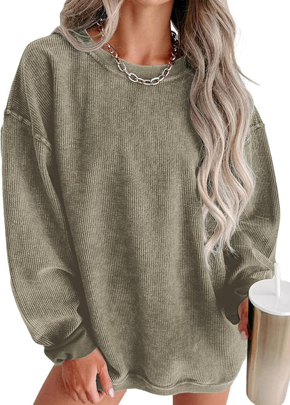 Women Oversized Sweatshirt Fall Pullover Top. Khaki. Size S | Casual. Tibbed. Hoodies. Clothes. Clothing. Loose Fit. Corduroy. Long Sleeve. Trendy. Crewneck.