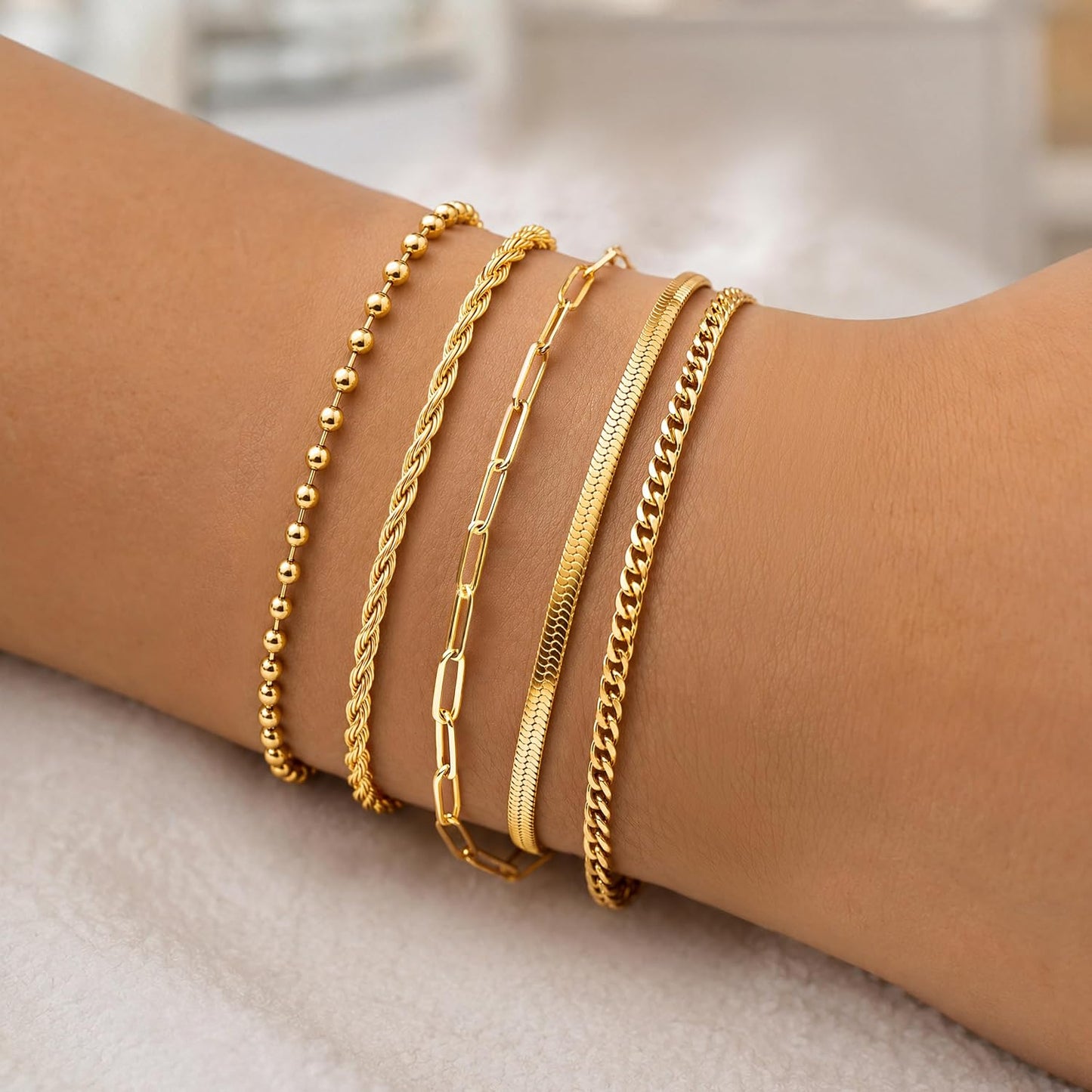 Women Waterproof. Non Tarnish Trendy Dainty Minimalist Stackable Jewelry Sets. Herringbone Cuban Paperclip Rope Bead Link Chain Stack Pack.