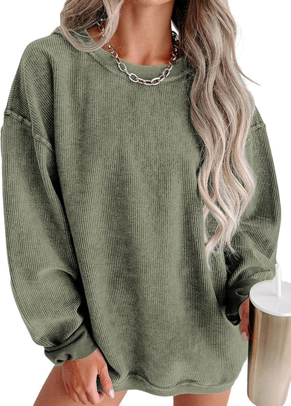 Women Oversized Sweatshirt Fall Pullover Top. Khaki. Size S | Casual. Tibbed. Hoodies. Clothes. Clothing. Loose Fit. Corduroy. Long Sleeve. Trendy. Crewneck.
