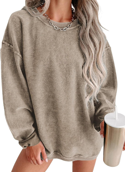 Women Oversized Sweatshirt Fall Pullover Top. Khaki. Size S | Casual. Tibbed. Hoodies. Clothes. Clothing. Loose Fit. Corduroy. Long Sleeve. Trendy. Crewneck.