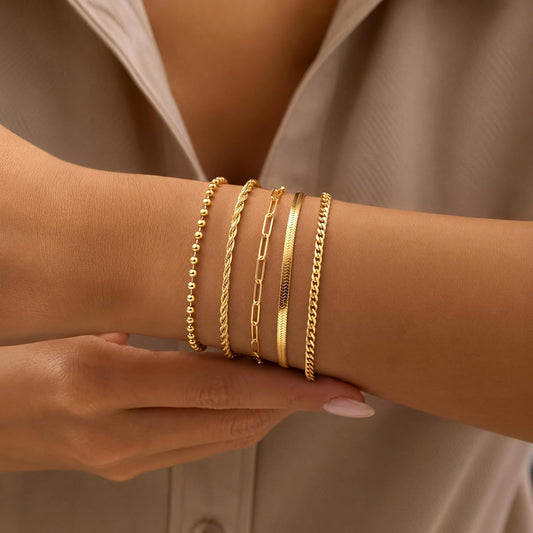Women Waterproof. Non Tarnish Trendy Dainty Minimalist Stackable Jewelry Sets. Herringbone Cuban Paperclip Rope Bead Link Chain Stack Pack.