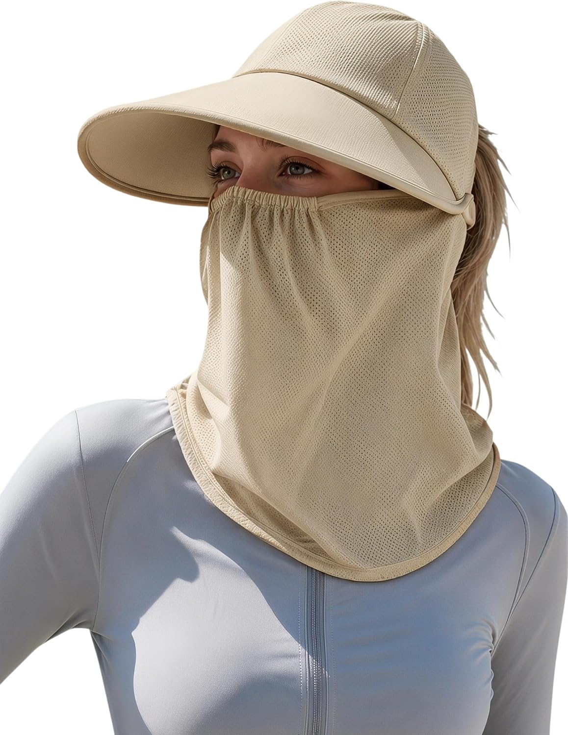 Detachable Face & Neck Cover. Hiking Gardening UPF 50+. Ponytail Friendly.
