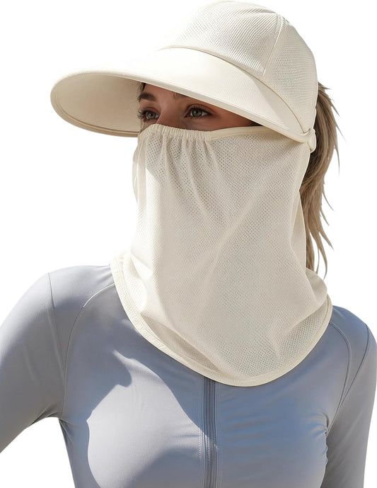 Detachable Face & Neck Cover. Hiking Gardening UPF 50+. Ponytail Friendly.