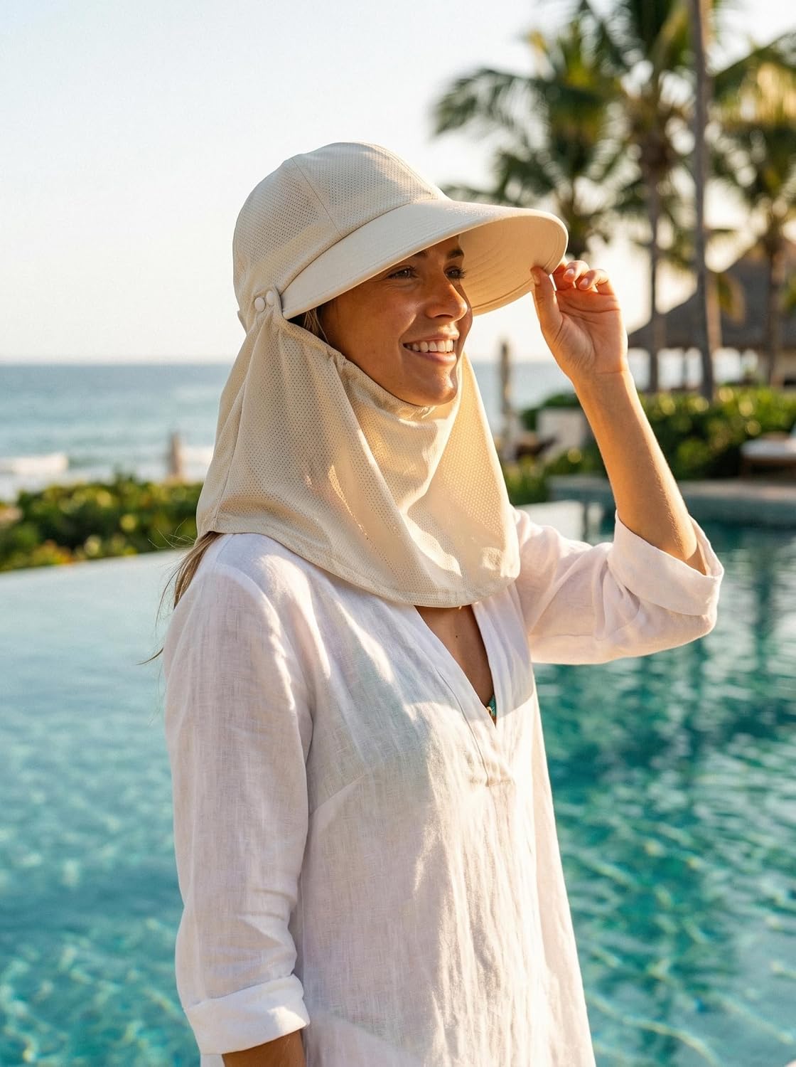 Detachable Face & Neck Cover. Hiking Gardening UPF 50+. Ponytail Friendly.