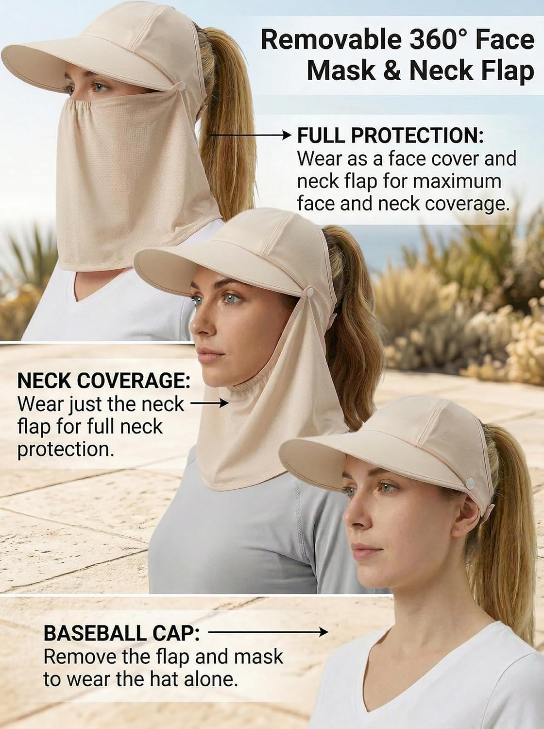Detachable Face & Neck Cover. Hiking Gardening UPF 50+. Ponytail Friendly.