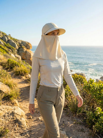 Detachable Face & Neck Cover. Hiking Gardening UPF 50+. Ponytail Friendly.