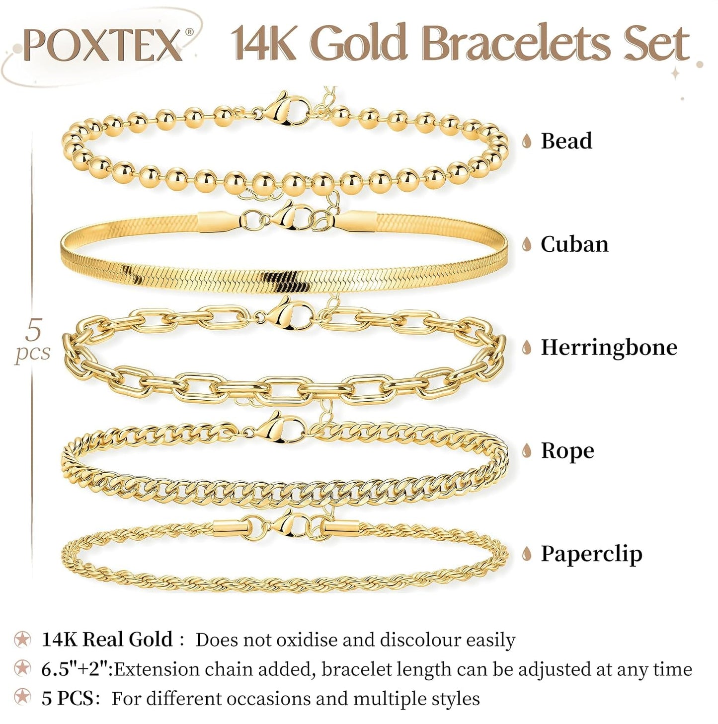 Women Waterproof. Non Tarnish Trendy Dainty Minimalist Stackable Jewelry Sets. Herringbone Cuban Paperclip Rope Bead Link Chain Stack Pack.
