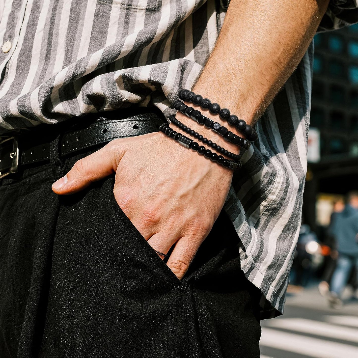 Jewelry Multi-Layer Bracelet Set Casual Wear Black Beaded Bracelets for Men with Natural Stone. Lava Rock. Onyx. Hematite. Tiger's Eye